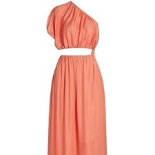Farm Rio Coral One Shoulder Cut Out Maxi Dress | Gathered Waist |Resort Vacation