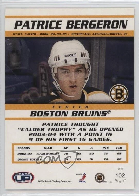 2003-04 Pacific Heads Up Retail LTD Patrice Bergeron #102 Rookie RC - Image 2 of 2