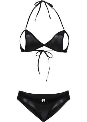 2-tlg BH-Ouvert + Slip Gr. 32/34 Schwarz Dessous Erotik Wäsche-Set Wet-Look Neu