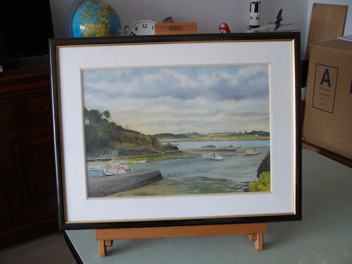 Aquarelle bord de mer plage et bateaux Bretagne XXe