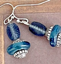 Etched Silver and Ocean Blue African Glass Bead Dangle Earrings. Boho Chic.