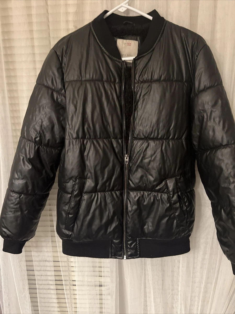 Boys Zara Black Faux Leather Puffer Jacket Aged 12 14 N2