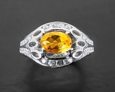Genuine Oval Honey Citrine White CZ Solid Sterling Silver Leaf Open Ring 7.5