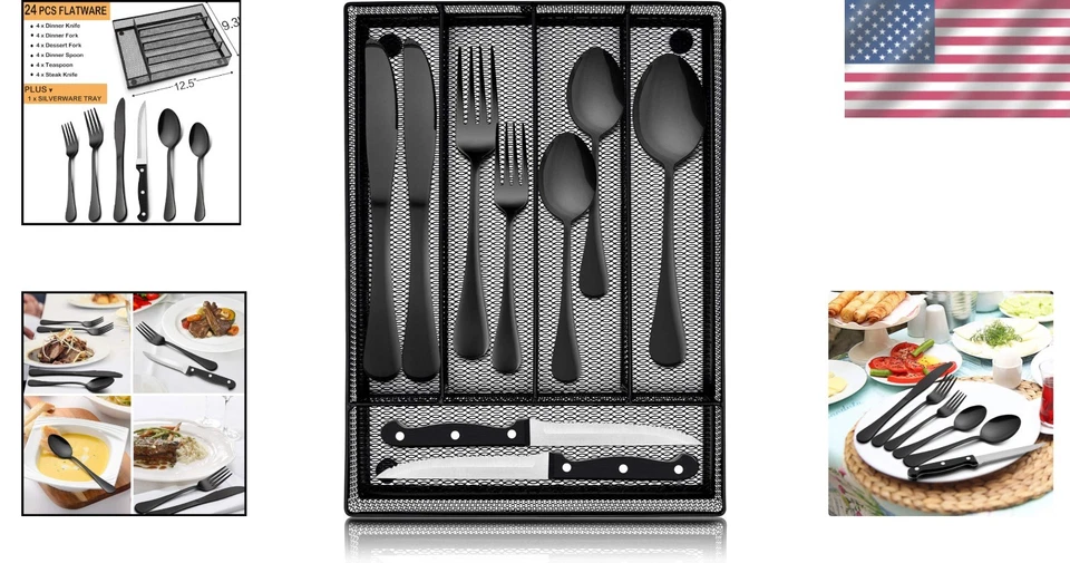 24-Piece Black Flatware Set with Stainless Steel Steak Knives & Storage Tray - Image 2 of 4