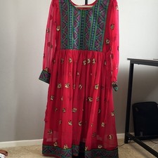 Red Ethnic Dress Women One Size Long Sleeve Embroidered Details