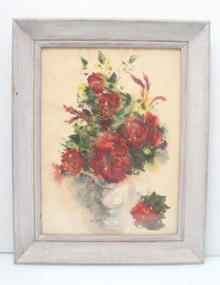 Vintage Original Watercolor Painting Abstract Red Roses Bouquet Signed