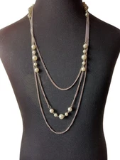 Women's Tri Strand Necklace Opera Length Silvertone White Acrylic Beads