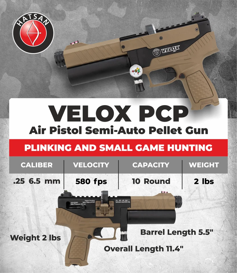 Pistola de aire comprimido semiautomática Hatsan Velox .25 Cal Side Bolt FDE HGVLX25FDE Foto 2 de 4