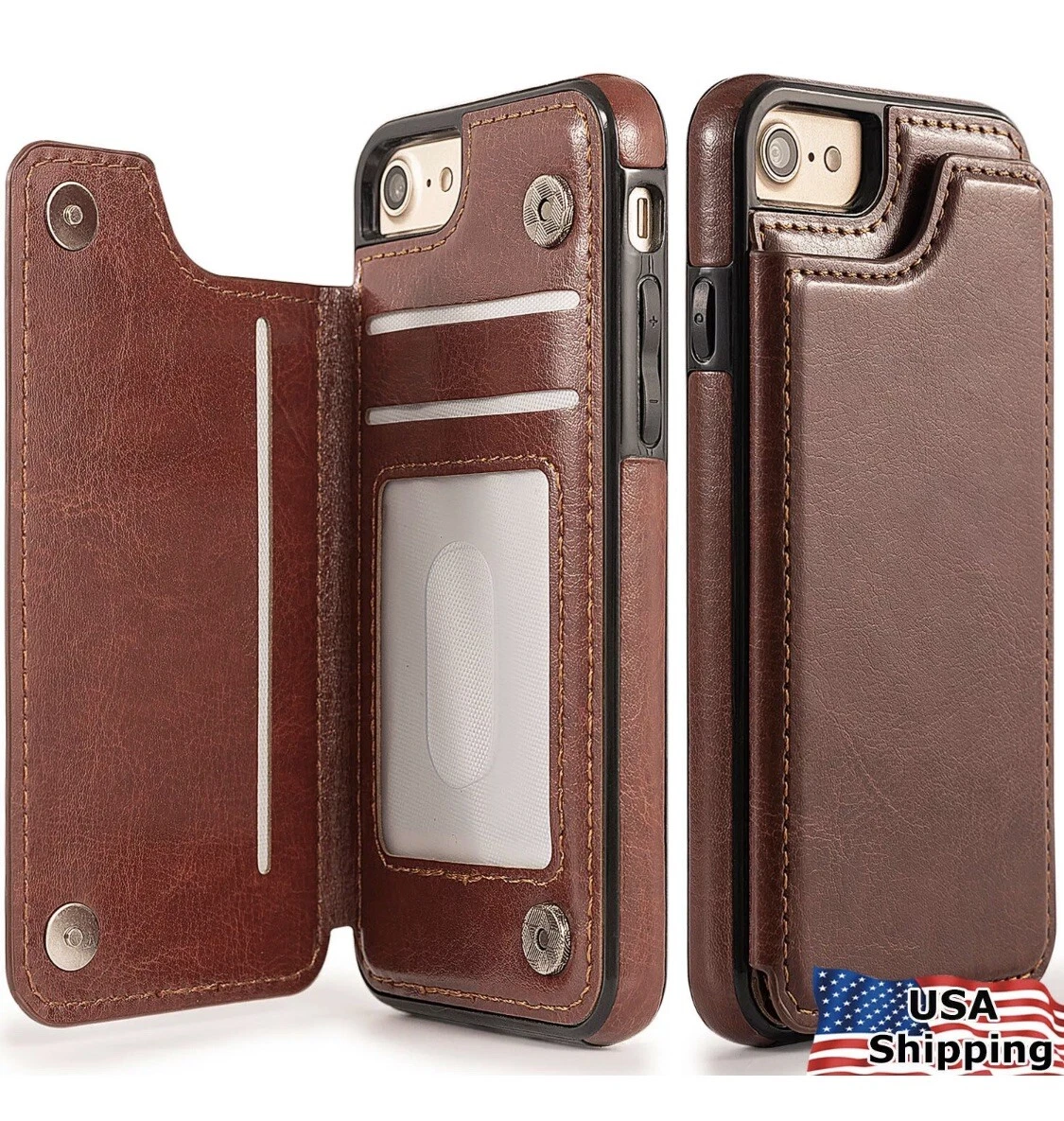 Case Cover For iPhone 7 Plus Flip Brown Leather Wallet Book Phone Magnetic Lock