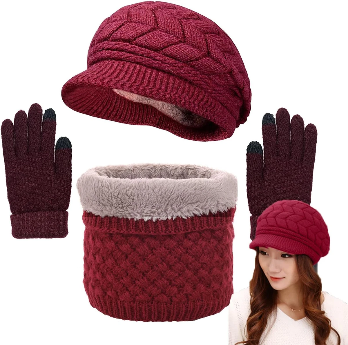 Donna Cappello Invernale Sciarpa Lunga Guanti Touch Screen Set