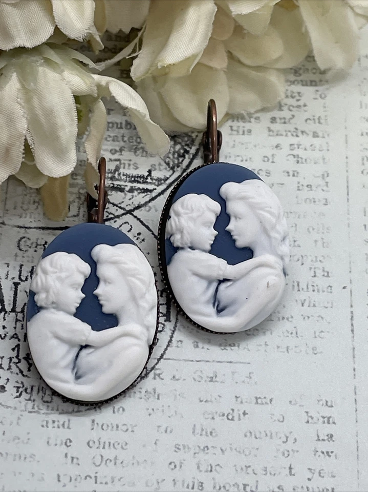 Pendientes Camafeo Cumpleaños Oro Rosa Mamá Bebé Niño Azul Regalo Set Madre Niño Foto 4 de 4