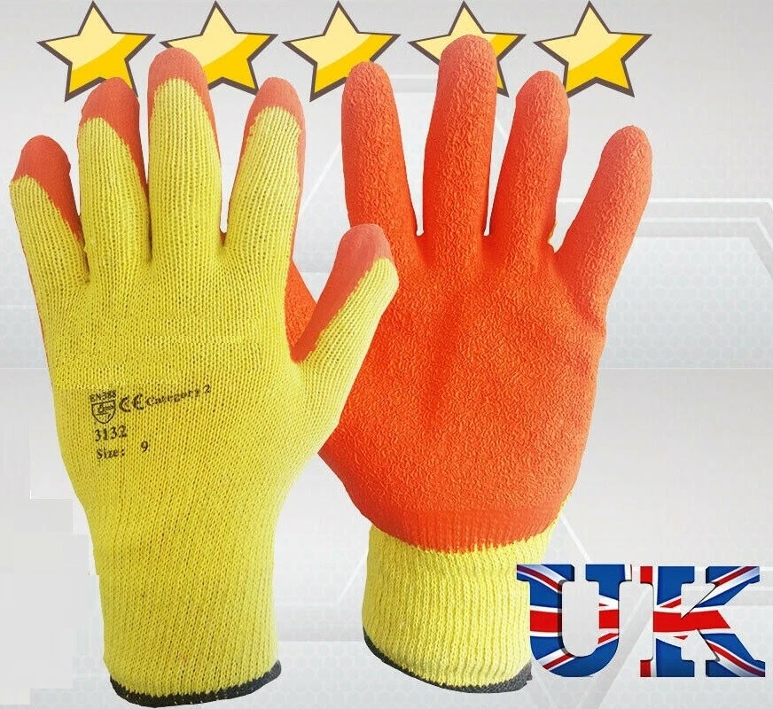 A406 24 PAIRS LATEX COATED ORANGE RUBBER SAFETY WORK GLOVES MENS BUILDERS GARDENING