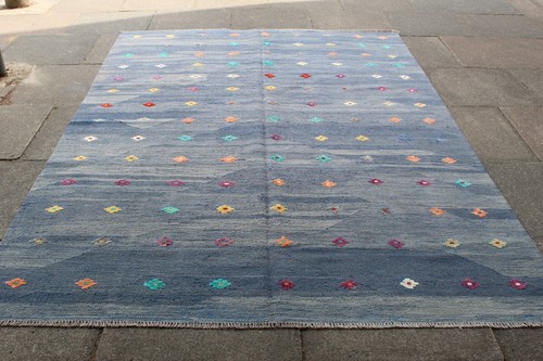 Kelim Vintage traditionell handgefertigt orientalisch orange blau Wolle Kelim 287x199cm
