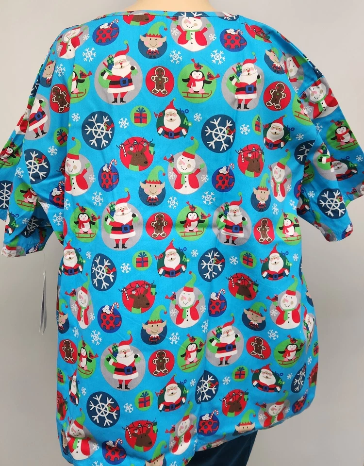 Womens Scrub Top Butter-Soft by UA Cotton Blend Christmas Turquoise 2 Pocket - Image 2 of 4