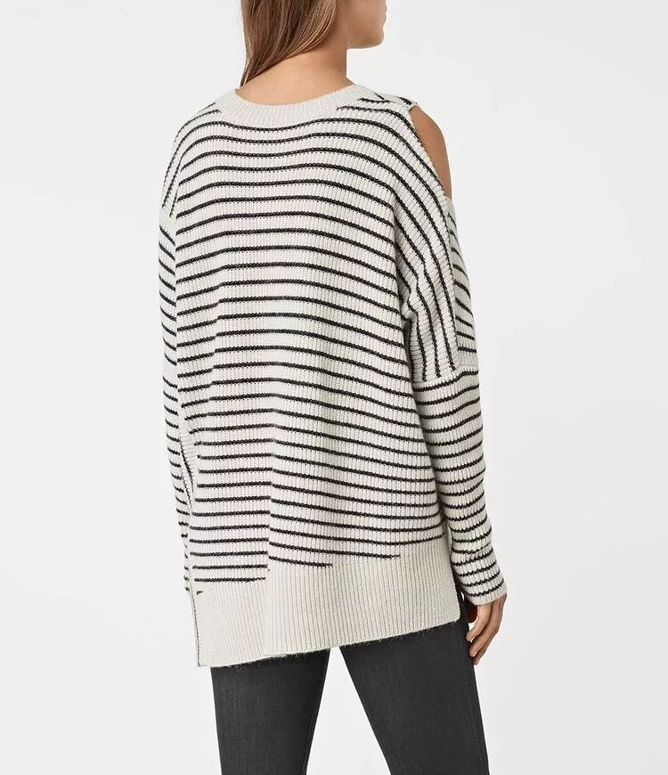 All Saints Able Striped Open Shoulder Wool Blend Jumper Sweater