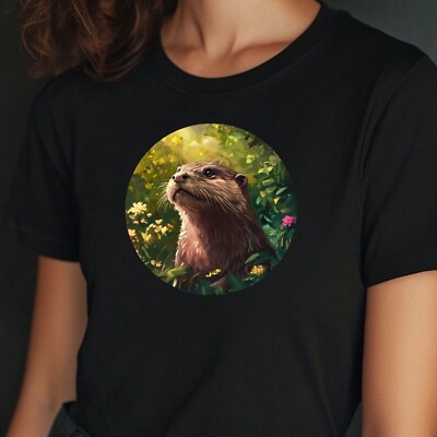 Women's Otter Portrait Motif Cotton T-Shirt Size XS to 3XL