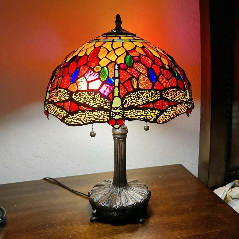 Tiffany Style Handcrafted Stained Glass Red Dragonfly Table Lamp Accent Reading