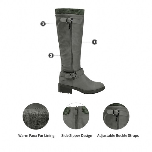Damen Weite Wade Kniehohe Stiefel Niedriger Absatz Reißverschluss Kunstfell Gefüttert Kampfstiefel - Bild 20 von 26