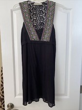 Hazel Women's Small Boho Dress Black Crochet Lace Embroidered Lined Gauze Cotton
