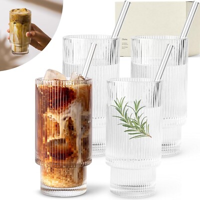 KIVY Geriffelte Gläser (4x 310ml) mit Strohhalm - Für Eiskaffee, etc.