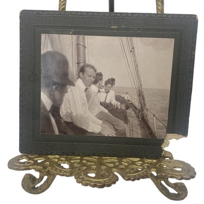 Vintage 1900s Sailing Group Boat Deck Photo 5x6 Sepia Gelatin Orig Embossed