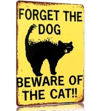 Vintage Metal Beware Cat Sign Black Cat Silhouette Wall Decor Pet Gift Halloween
