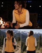 Lands End Women s Quilted Puffer Vest Yellow Gold Zip Front Size L 14 16