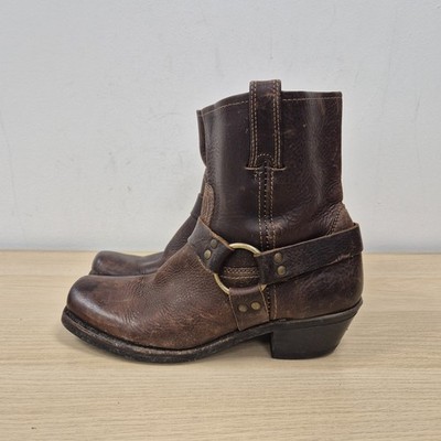 Frye Harness 8R dunkelbraun abgenutzt Leder eckige Zehenpartie Biker Motorrad Stiefel UK 7,5