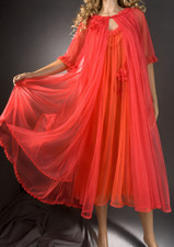 Vintage Vanity Fair Peignoir Set Coral Chiffon Robe Orange Nylon Gown USA Sweep