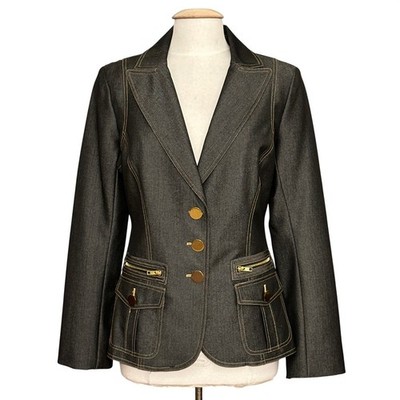 Cache Contour Women Jacket L Blue Gray Denim Blazer Contrast Stitch Gold Vtg Y2K
