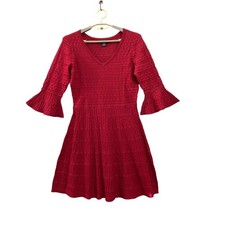 Liz Claiborne Sweater Dress V Neck Fit Flare A Line Womens M Red 3/4 Bell Sleeve