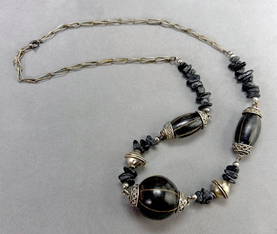 Boho Necklace Black Wood Bead & Stone & Tibetan Silver Metal Link 22" Ethnic J8 - Image 4 of 4