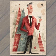 Art Print Retro Man Red Jacket Holding Martini Mid Century Holiday Party Style