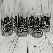 Vintage Crisa Glass Holly Berry Drinking Glasses Tumblers Set Of 6 Libby 16oz