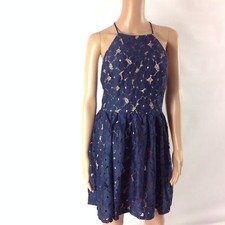 City Triangles F5 Womens Dress Lace Overlay Short Halter Neck Navy Blue Size M/L