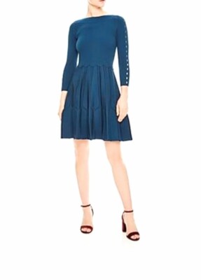 NEW Sandro Paris Fit & Flare Knitted Dress Teal Blue Size EU 40 US 8-10