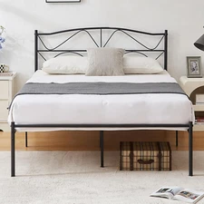 Full Size Bed Frame, Metal Bed Platform with Headboard, Sturdy Steel Slats Suppo