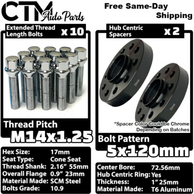 2x 25mm Thick 5x120 72.56mm CB Wheel Spacer Kit With Chrome Bolt 14x1.25 Fit BMW