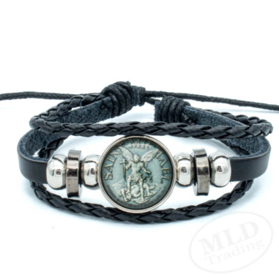 Archangel Saint St Michael Multi-Layer Braided Leather Picture Window Bracelet