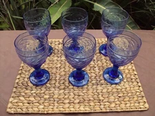 Vintage Lot (6) Blue Goblet Libby? Glasses Footed Scroll Branches 7" 16oz. EUC