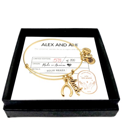 Alex And Ani 100 Made Luck & Wishbone Duo Gold Bangle Bracelet w/ Gift Box NWT