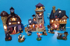 Halloween Lighted Village Set Ceramic 11 Piece Vintage w/ Box