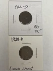 Lot of 2 -1922-D Lincoln Wheat Cent & 1928-D Denver Mint Exact 2 Antique Coins