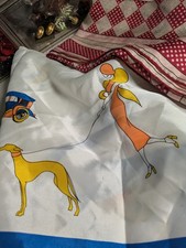 Vtg 70s 2 Scarf Dog Car Boat Polka Dot Checkered Print Acetate Twill Silk