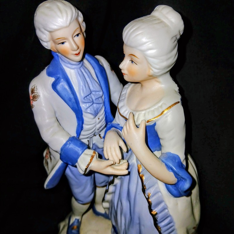 Victorian Style Blue White Porcelain Figurine Couple, Gold Accents, Hand Painted