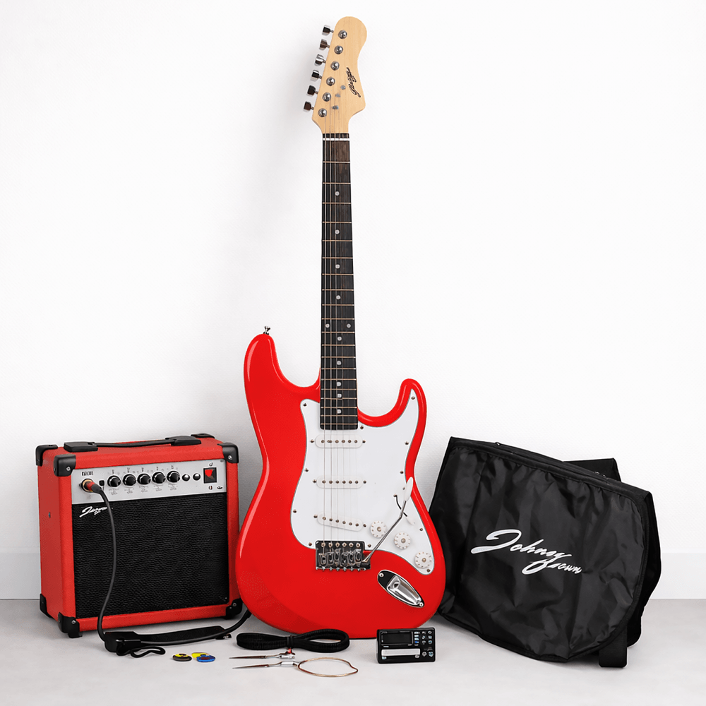 Electric Guitar Amplifier Kit Tuner Gigbag Strap Strings Full Size Set RED
