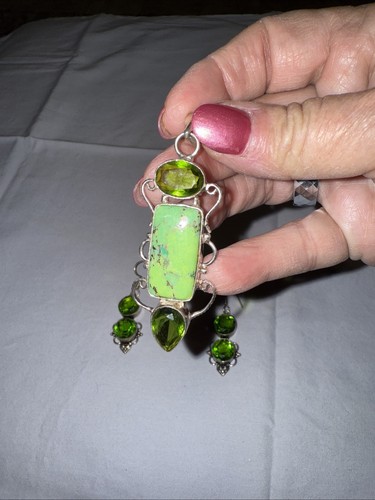 Composite Copper Green Turquoise & Peridot 925 Silver Earrings and Pendant - Picture 2 of 5