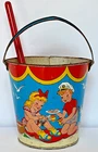 Vintage Ohio Art Tin Litho Sand Pail w/ Shovel Boy Girl & Dog Picnic At Beach