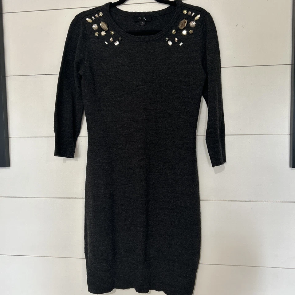 BCX MUJER SUÉTER VESTIDO GRIS OSCURO M TEJIDO JOYAS CUELLO REDONDO FUNDA INFORMAL Foto 3 de 4
