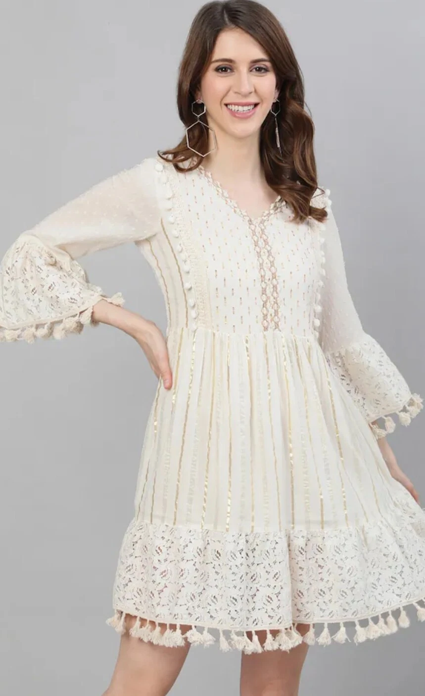 OFF WHITE Abito Midi donna motivo etnico bianco sporco design pizzo Zari cotone aderente e svasato